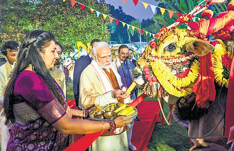 PM Narendra Modi during Pongal celebration at Union Minister G Kishan Reddy’s residence