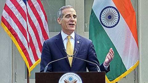 US Ambassador to India Eric Garcetti addresses a gathering in New Delhi on Monday, Jan. 13, 2025.