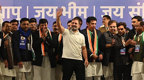 Leader of the Opposition in the Lok Sabha and Congress leader Rahul Gandhi during the 'Jai Bapu, Jai Bhim, Jai Samvidhan' public meeting in New Delhi, Monday, Jan. 13, 2025.