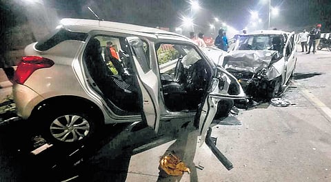 The mangled remains of the cars that collided head on near Madagadipet; (inset) G Prabhakaran, the deceased cop