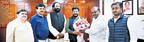 Chief Minister A Revanth Reddy along with other Telangana Ministers net Union Minister HD Kumaraswamy at his office in New Delhi