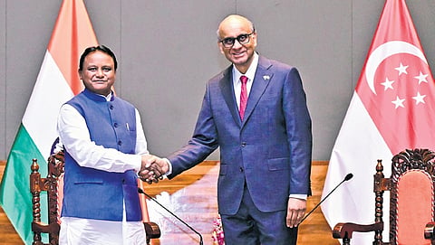 CM Mohan Charan Majhi greets the President of Singapore Tharman Shanmugaratnam ahead of their discussions on various aspects of bilateral relations, in Bhubaneswar on Friday