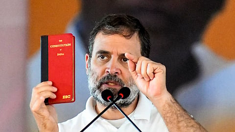 Leader of Opposition in the Lok Sabha and Congress leader Rahul Gandhi addresses the gathering during 'Karyakarta Sammelan', in Patna on Saturday.