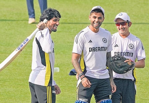 Suryakumar Yadav and head coach Gautam Gambhir during a training session at the Eden Gardens on Monday