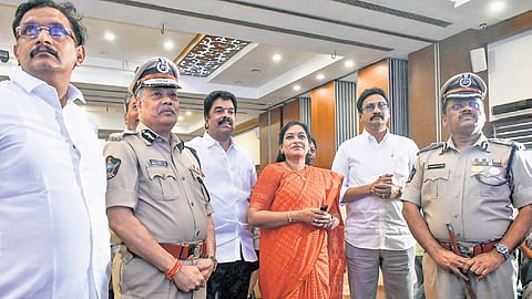 Home Minister V Anitha and NTR CP SV Rajashekhar Babu at the launch of Suraksha Committees in Vijayawada on Wednesday