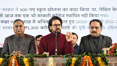 BJP MPs Anurag Thakur, Ramvir Singh Bidhuri, and Manoj Tiwari with Delhi party President Virendra Sachdeva, and party leader Vijender Gupta during the launch of the second part of the partys Sankalp Patra (manifesto) for the upcoming Delhi Assembly elections, in New Delhi.