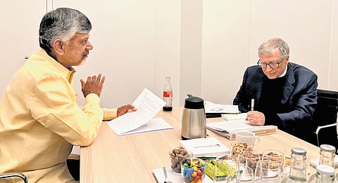 Chief Minister N Chandrababu Naidu with Microsoft founder Bill Gates during the World Economic Forum in Davos on Wednesday