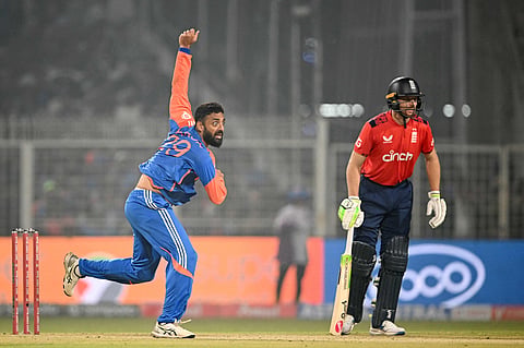Varun Chakravarthy in action against England in Kolkata on Wednesday