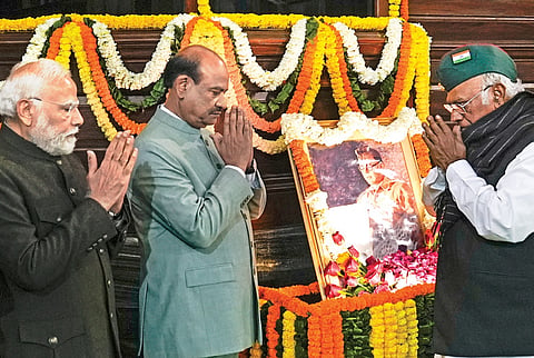 PM Narendra Modi, LS Speaker Om Birla and Congress president Mallikarjun Kharge pay tribute to Netaji at Samvidhan Sadan on Thursday;