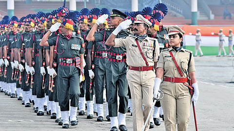 Police personnel take part in full dress rehearsal ahead of Republic Day celebrations at IGMC Stadium in Vijayawada on Friday