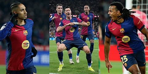 Barcelona's Raphinha (L), Lewandowski (C) and Kounde