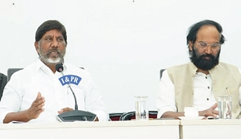 Deputy CM Vikramarka (L) announces launch of schemes on Saturday