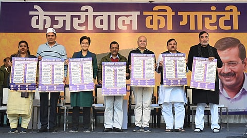 Aam Admi Party National Convenor Arvind Kejriwal, Delhi Chief minister Atishi, Sr. Leader Manish Sisodia, Sanjay Singh, Gopal Rai, Saurabh Bharadwaj during the launch the party manifesto for Delhi assembly elections Aam Aadmi Party office in New Delhi on Monday.