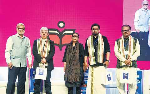 (From left) TNIE Editorial Director Prabhu Chawla, MP Angomcha Bimol Akoijam, TNIE Editor Santwana Bhattacharya, MPs John Brittas and Dr RN Behera