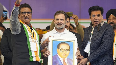 LoP in the Lok Sabha and Congress leader Rahul Gandhi with Delhi party president Devender Yadav and party candidate Anil Chaudhary during a rally for the upcoming Delhi Assembly elections, at Patparganj in New Delhi, Tuesday, Jan. 28, 2025.