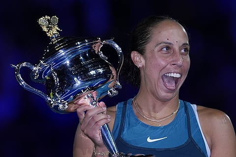 Madison Keys of the U.S. reacts as she receives the the Daphne Akhurst Memorial Cup from Evonne Goolagong Cawley after defeating Aryna Sabalenka of Belarus in the women's singles.