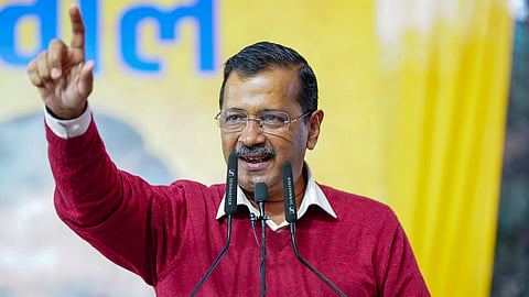 AAP national convener Arvind Kejriwal addresses a public meeting in support of party candidate Gaurav Sharma ahead of the Delhi Assembly elections, in New Delhi.