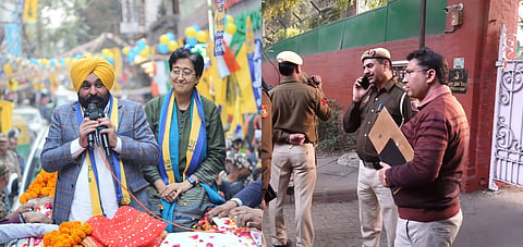 Punjab Chief Minister Bhagwant Mann alongh with Delhi Chief Minister Atishi during a campaign rally at Kalkaji.(L)
Police personnel outside Punjab Chief Minister Bhagwant Mann's Kapurthala House residence, in New Delhi, Thursday, Jan. 30, 2025.(R)