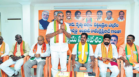 TDP MLC candidate Alapati Rajendra Prasad addressing a meeting