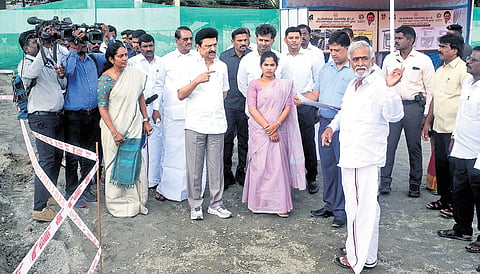 Chief Minister MK Stalin inspecting the progress of projects being executed under the North Chennai Development Scheme, on Friday
