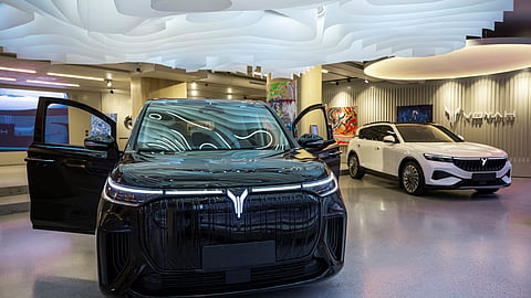 The Voyah Dream (L) and the Voyah Free electric car models of Chinese car manufacturing brand VOYAH are displayed at the company's showroom in the Norwegian capital Oslo on September 25, 2024.