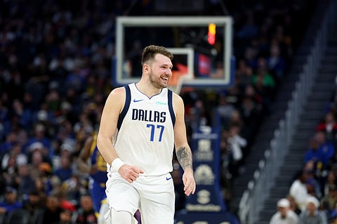 Luka Doncic of the Dallas Mavericks reacts during their game against the Golden State Warriors at Chase Center on December 15, 2024 in San Francisco, California.