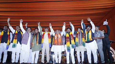 TDP chief and Andhra Pradesh Chief Minister Chandrababu Naidu with NDA members during campaign in Delhi.