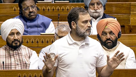 Leader of Opposition in the Lok Sabha, Rahul Gandhi, speaks in the House during the Budget session of Parliament in New Delhi, Monday, Feb. 3, 2024.
