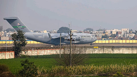 A US military C-17 transport aircraft carrying Indians deported for illegal immigration landed in Amritsar on Wednesday, Feb. 5, 2025.