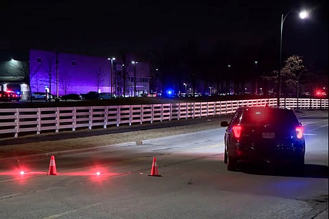 This image taken from video provided by WSYX shows police responding to an active shooter early Wednesday, Feb. 5, 2025, in New Albany, Ohio.