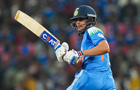 India's Shubman Gill plays a shot during the first One Day International (ODI) cricket match between India and England at Vidarbha Cricket Association (VCA) Stadium, in Nagpur, Maharashtra, Thursday, Feb. 6, 2025.