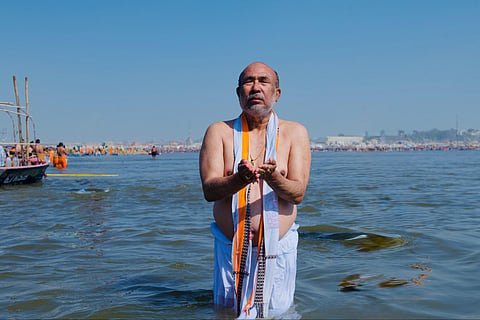 Manipur Chief Minister N Biren Singh on Thursday took a holy dip at Prayagraj during the ongoing Maha Kumbh.