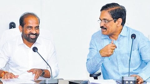 AP Health Minister Y Satya Kumar Yadav (L) stressed the need for better coordination among superintendents, principals, and administrators of Government General Hospitals.