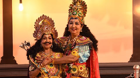Suyanthi, 83, as Arjuna (left) with her daughter Sreekala, 60,
playing Krishna at Ananda Chandrodayam Sabha Subramanya Temple in Kochi
