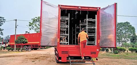 A mobile mortuary at the Odisha Fire Services Training Centre in Naraj