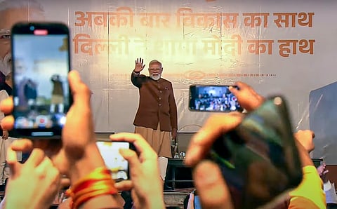 Prime Minister Narendra Modi at the BJP headquarters after the Delhi election results were announced.