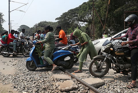 Tyres of three-wheelers and four-wheelers including light motor vehicles are getting stuck between the stones and slabs causing problem to the commuters