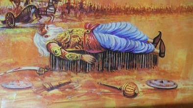 A painting of Bhishma lying on a bed of arrows on the Kurukshetra