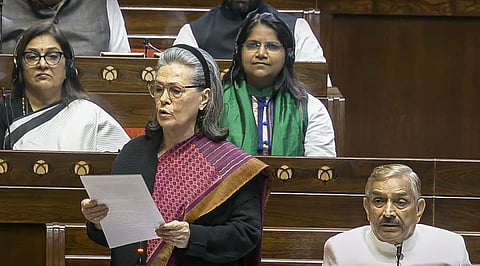 Sonia Gandhi speaks in the Rajya Sabha during the Budget session of Parliament, in New Delhi, Monday, Feb. 10, 2025.
