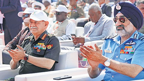 Army Chief General Upendra Dwivedi and Air Chief Marshal A P Singh during Aero India 2025 at Yelahanka Air Force Station in Bengaluru on Monday