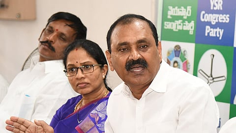 Former TTD Chairman and YSRCP leader Bhumana Karunakar Reddy addresses the media in Tirupati.