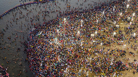 Rush of devotees at the Sangam on the eve of 'Magh Purnima', during the ongoing Maha Kumbh Mela 2025, in Prayagraj, Uttar Pradesh, Tuesday, Feb. 11, 2025.