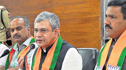 Minister for Railways Ashwini Vaishnaw addresses a press conference at the BJP head office in Bengaluru