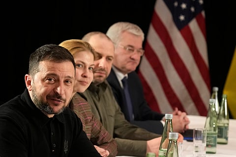 Ukraine's President Volodymyr Zelensky attending a meeting with United States Vice-President JD Vance on the sidelines of the Munich Security Conference in Munich (Photo | AP)