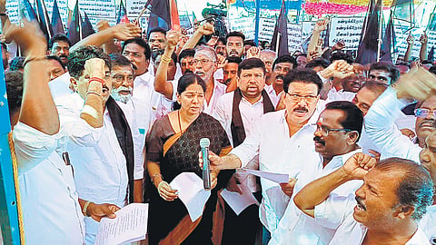 DMK MP Kanimozhi taking part in the protest on Sunday