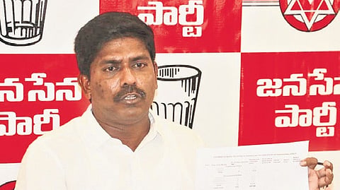 Jana Sena corporator Peethala Murhty Yadav addressing a press conference in Visakhapatnam on Sunday.