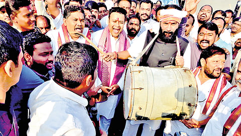 Civil Supplies Minister N Uttam Kumar Reddy takes part in Lingamanthula jatara in Durajpally of Suryapet district on Monday