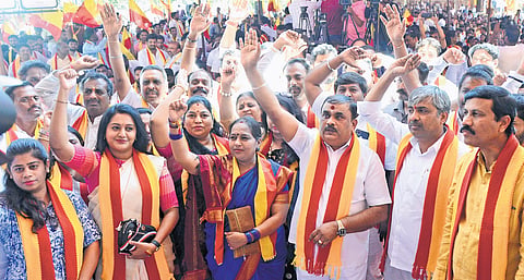 Members of Karnataka Rakshana Vedike raise slogans in protest at Freedom Park in Bengaluru on Tuesday