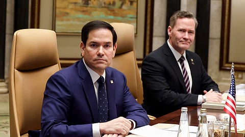 U.S. Secretary of State Marco Rubio, center, sits next to U.S. National Security Advisor Mike Waltz