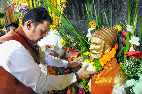 Maharashtra Chief Minister Devendra Fadnavis pays tribute to Chhatrapati Shivaji Maharaj on the occasion of his birth anniversary, at Shivneri Fort in Pune.